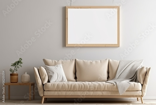 Blank wooden picture frame hanging above a beige couch. Mock up template for Design or product placement created using generative AI tools