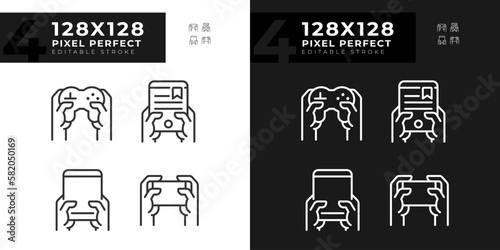 Hands with amusing gadgets pixel perfect linear icons set for dark, light mode. Digital devices for entertainment. Thin line symbols for night, day theme. Isolated illustrations. Editable stroke