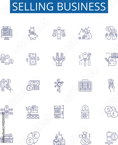 Selling business line icons signs set. Design collection of Vending, Merchandising, Trading, Brokering, Marketing, Promoting, Auctioning, Retailing outline concept vector illustrations