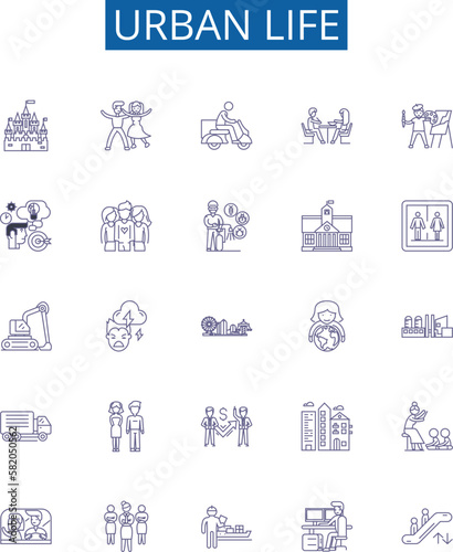 Urban life line icons signs set. Design collection of Urban, Life, City, Building, Street, Apartment, Traffic, Human outline concept vector illustrations
