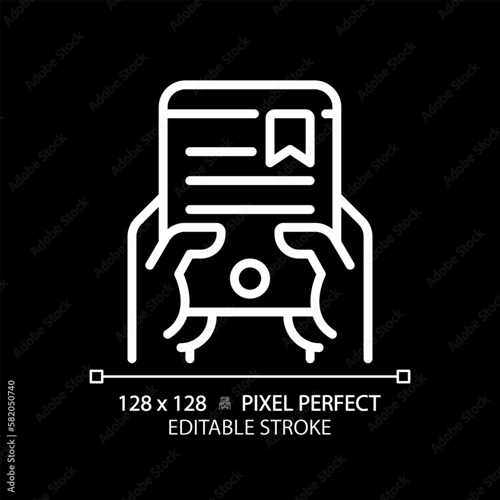 Hand with ebook pixel perfect white linear icon for dark theme. Reading via electronic device. Access to digital library. Thin line illustration. Isolated symbol for night mode. Editable stroke Hand with ebook pixel perfect white linear icon for dark theme. Reading via electronic device. Access to digital library. Thin line illustration. Isolated symbol for night mode. Editable stroke