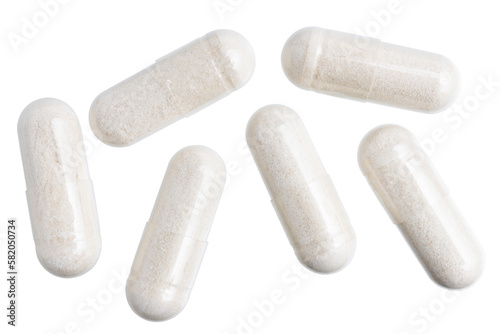 White gel medical capsules, group of vitamin supplement pills or drugs for treatment, isolated on transparent background, medicine and healthcare concept, top view photo