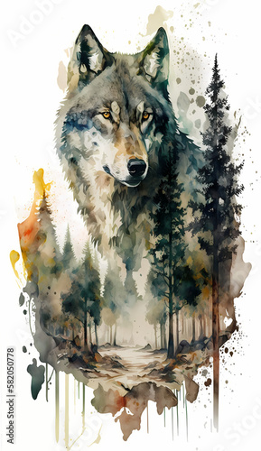 Watercolor wolf. Generative AI