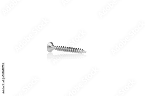 macro screw of silver color on a white background