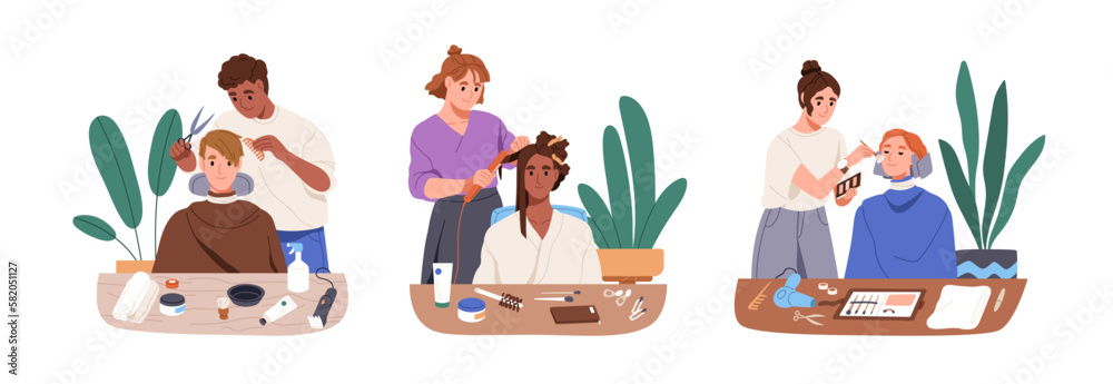 Φωτογραφία Hairdresser, makeup artist during professional makeover of clients in beauty salon