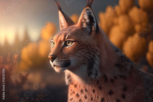 Portrait of an Eurasian lynx at sunny day. Generative AI.