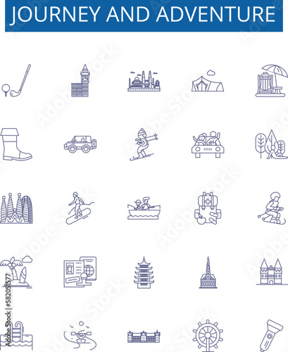 Journey and adventure line icons signs set. Design collection of Voyage, Expedition, Trek, Traverse, Roam, Expeditionary, Tour, Exploration outline concept vector illustrations