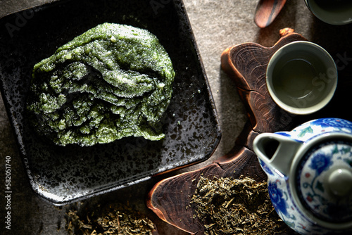 mugwort rice cake and green tea photo