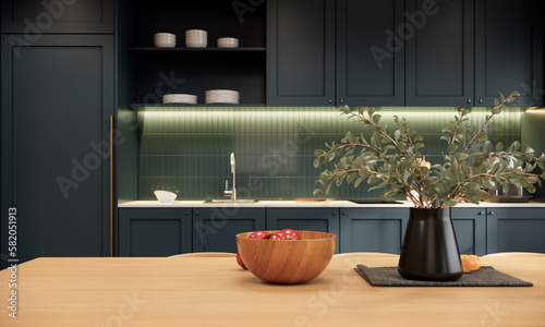Residential interior of modern classic kitchen in elegant mansion with shot close up wood table, 3d rendering