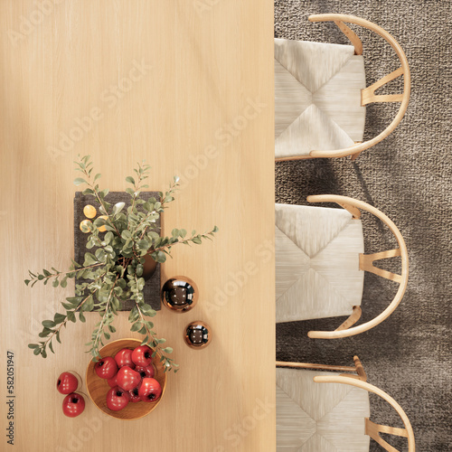 Tableau sur toile 3D rendering, topview of wood table in modern classic apartment, minimalistic in