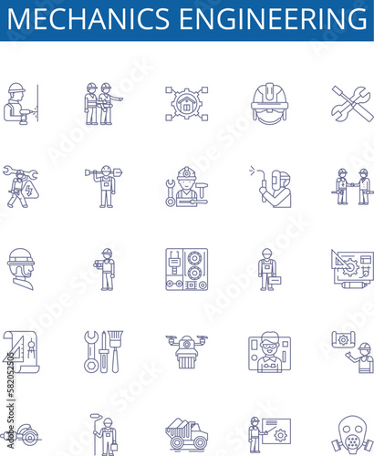 Mechanics engineering line icons signs set. Design collection of Mechanics, Engineering, Kinematics, Dynamics, Vibrations, Force, Torque, Machines outline concept vector illustrations