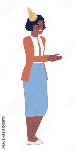 Female company worker in cone party hat semi flat color vector character. Editable figure. Full body person on white. Simple cartoon style spot illustration for web graphic design and animation