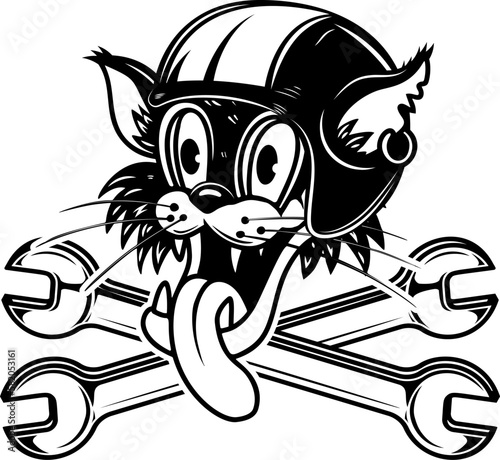 Illustration of the cat biker with crossed wrenches. Design element for logo, label, sign, emblem. Vector illustration