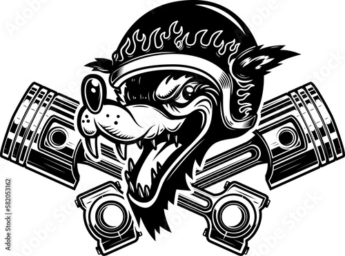 Illustration of the wolf biker with crossed pistons. Design element for logo, label, sign, emblem. Vector illustration