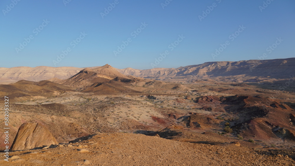 Sunrise view of HaMakhtesh HaGadol the big crater, in the Negev Desert, Southern Israel. It is a geological landform of a large erosion cirque