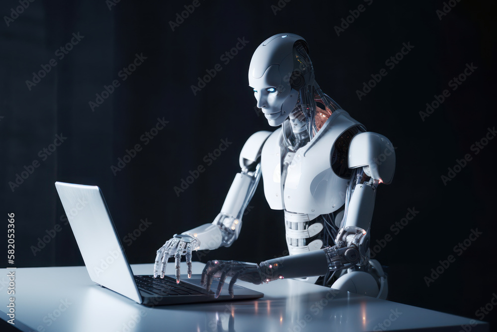 AI cyborg android Robot working with laptop in office. Chat GPT Artificial Intelligence chatbot. Generative AI. AI cyborg android Robot working with laptop in office. Chat GPT Artificial Intelligence chatbot. Generative AI.