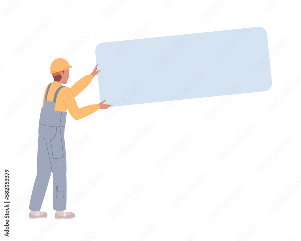 Construction labourer with metal panel semi flat color vector character. Editable concept. Full body person on white. Simple cartoon style spot illustration for web graphic design and animation Construction labourer with metal panel semi flat color vector character. Editable concept. Full body person on white. Simple cartoon style spot illustration for web graphic design and animation