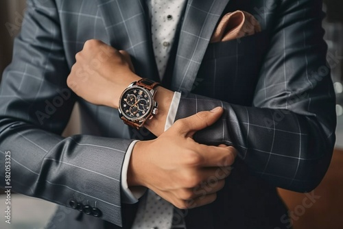 Confident Man in Suit Adjusting His Watch, AI-Generated