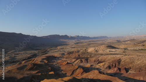 Sunrise view of HaMakhtesh HaGadol the big crater, in the Negev Desert, Southern Israel. It is a geological landform of a large erosion cirque