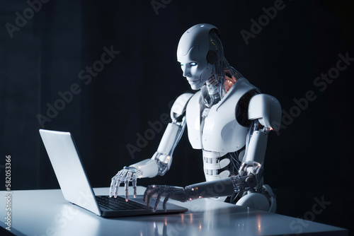 AI cyborg android Robot working with laptop in office. Chat GPT Artificial Intelligence chatbot. Generative AI. © junghc1