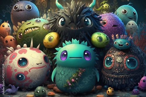 a lot of cute little monsters illustrations, generative ai