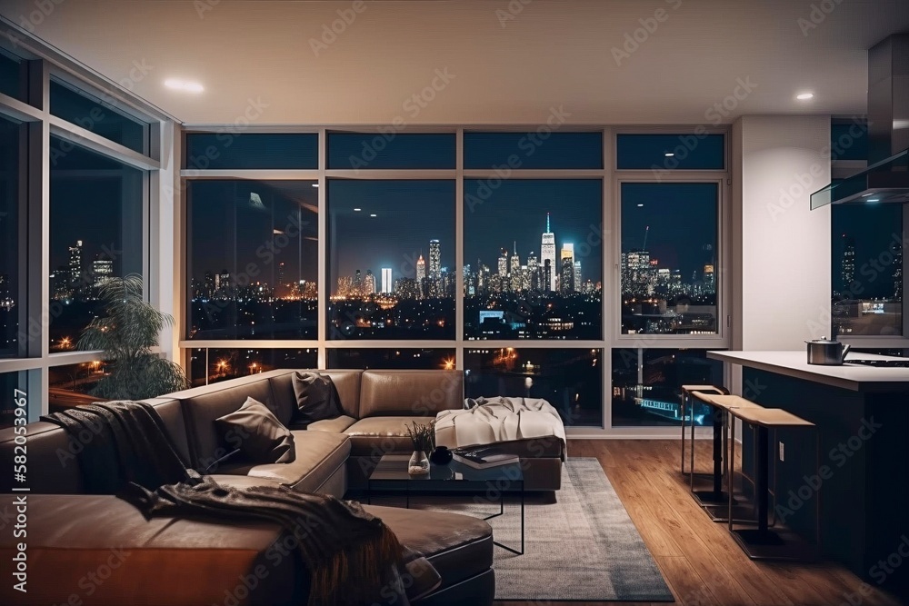 Naklejka premium Darkly Lit Modern Apartment at Night, Cityscape Skyline Visible Through Large Windows, AI-Generated