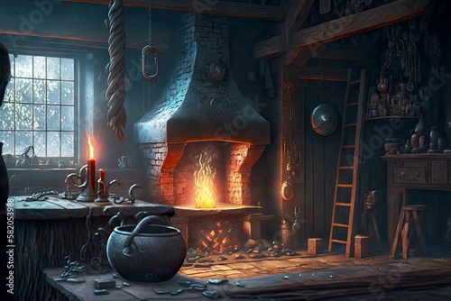 blacksmith shop with antique anvil and hammer and burning furnace, created with generative ai