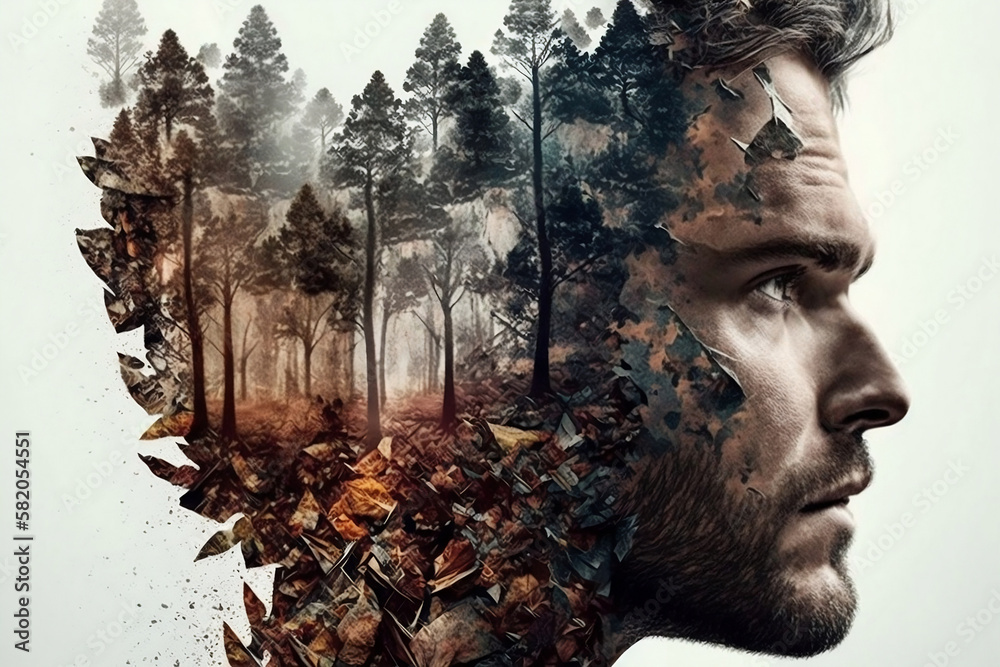 Double exposure Man & the forest Generative AI 