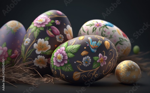 happy easter day background with spring Easter eggs in a wicker nest, green grass and rectangular greeting card on a blue background ai generative