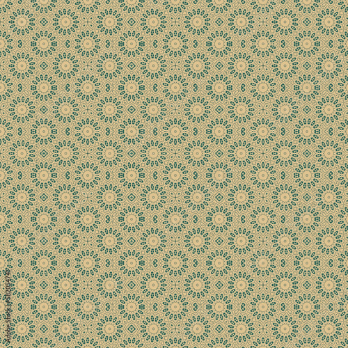 seamless mosaic pattern with geometric flowers in green and beige colors