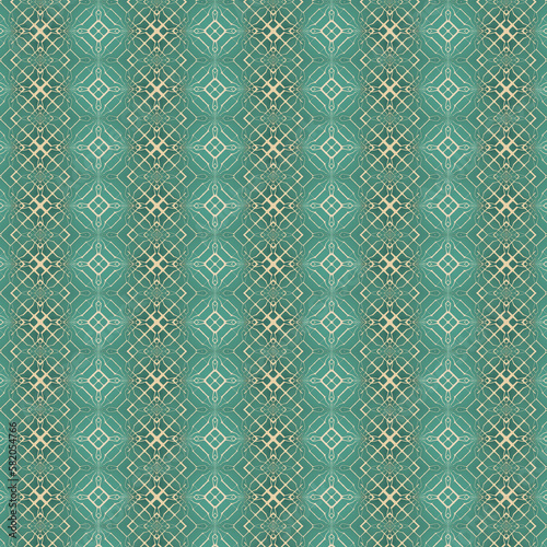 seamless mosaic pattern with geometric flowers in green and beige colors