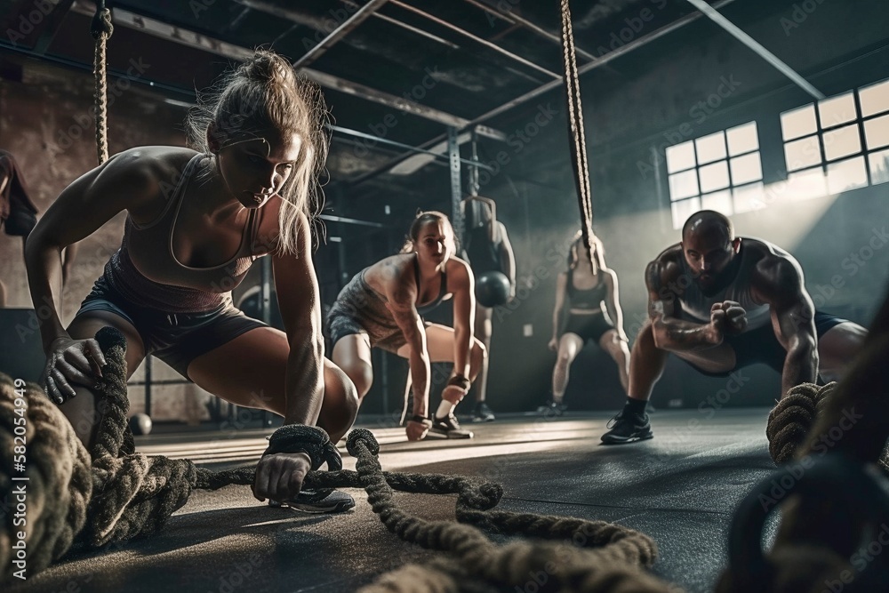 Dynamic CrossFit Athletes Engaging in Intense Workout with Battle Ropes ...