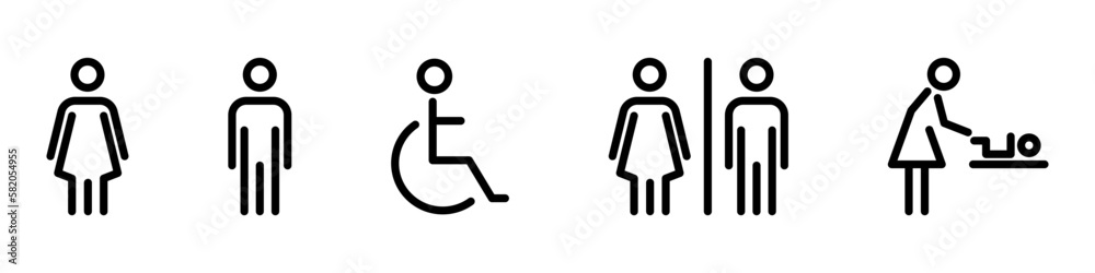 Vector toilet line icon set. Editable stroke. Bathroom for men, women, mothers with baby and handicap. Collection of restroom signs. Toilet for male, female, parents with child and disabled. WC.