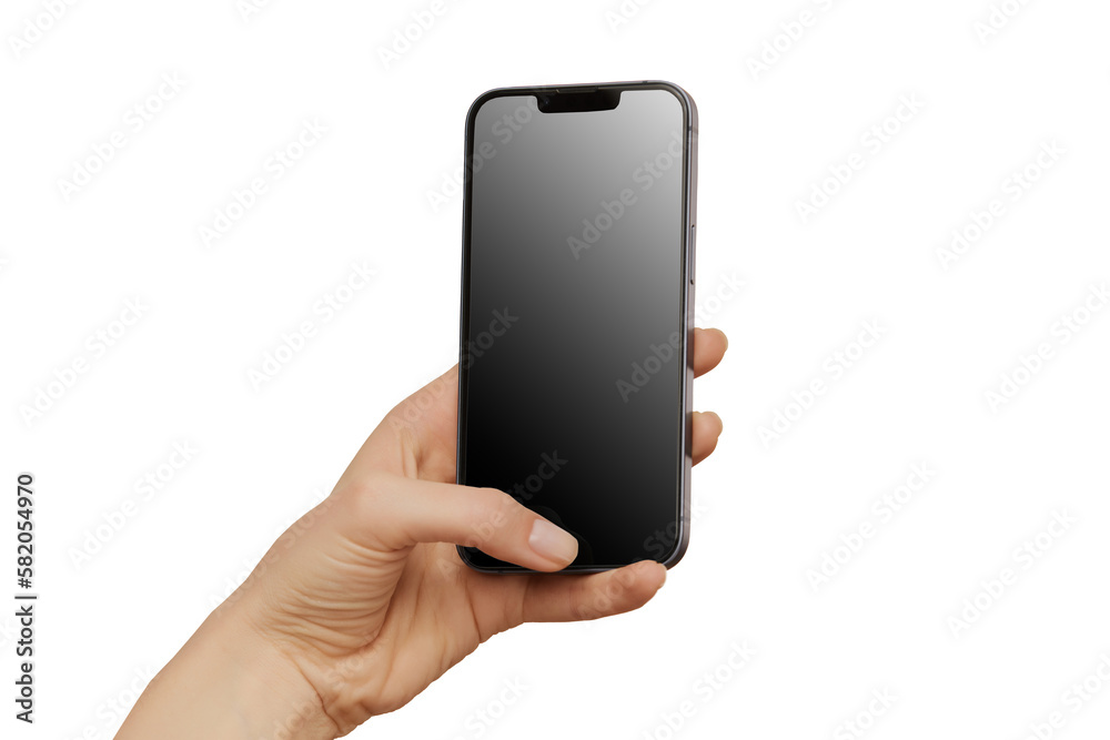 Female hand holding modern mobile phone with black isolated at white background. Cellphone mockup. Female hand holding modern mobile phone with black isolated at white background. Cellphone mockup.