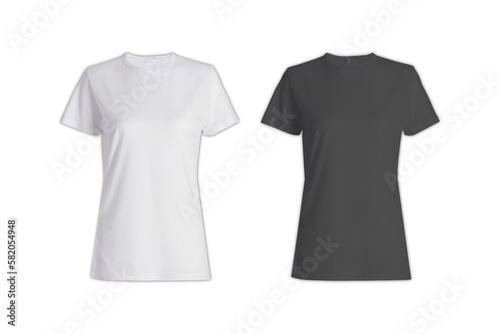 Women's white and black blank t-shirt mockup template, natural shape on invisible mannequin, for your design print mockup, isolated on white background.3d rendering.