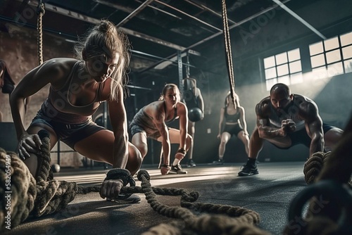 Dynamic CrossFit Athletes Engaging in Intense Workout with Battle Ropes in Gritty Gym Setting photo