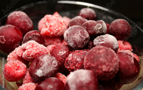 Closeup View Of Frozen Mixed Fruit Berries In A Glass Stock Photo 