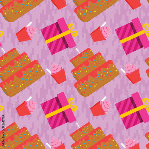 Gift box cake and ice cream in seamless pattern.