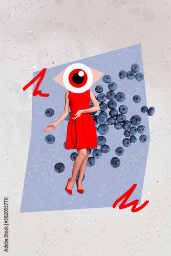 Collage 3d pinup pop retro sketch image of funny lady eye instead eye advising blueberries good for vision isolated painting background