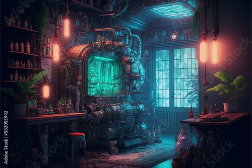 Scientific laboratory. Machinarium interior with intricate design and tools. Generative Ai. photo