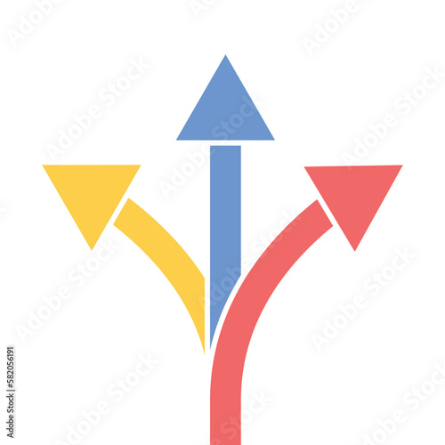 Three way direction arrow icon in different colors. Vector.