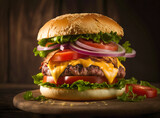 Homemade beef burger with cheese, tomato, lettuce and onion on wooden background. Generative AI