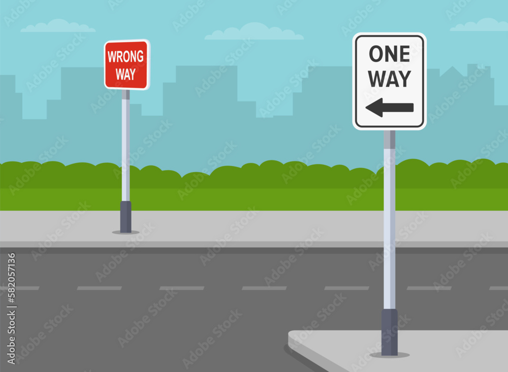 Safe driving tips and traffic regulation rules. Empty street with one way direction. Safe driving tips and traffic regulation rules. Empty street with one way direction.