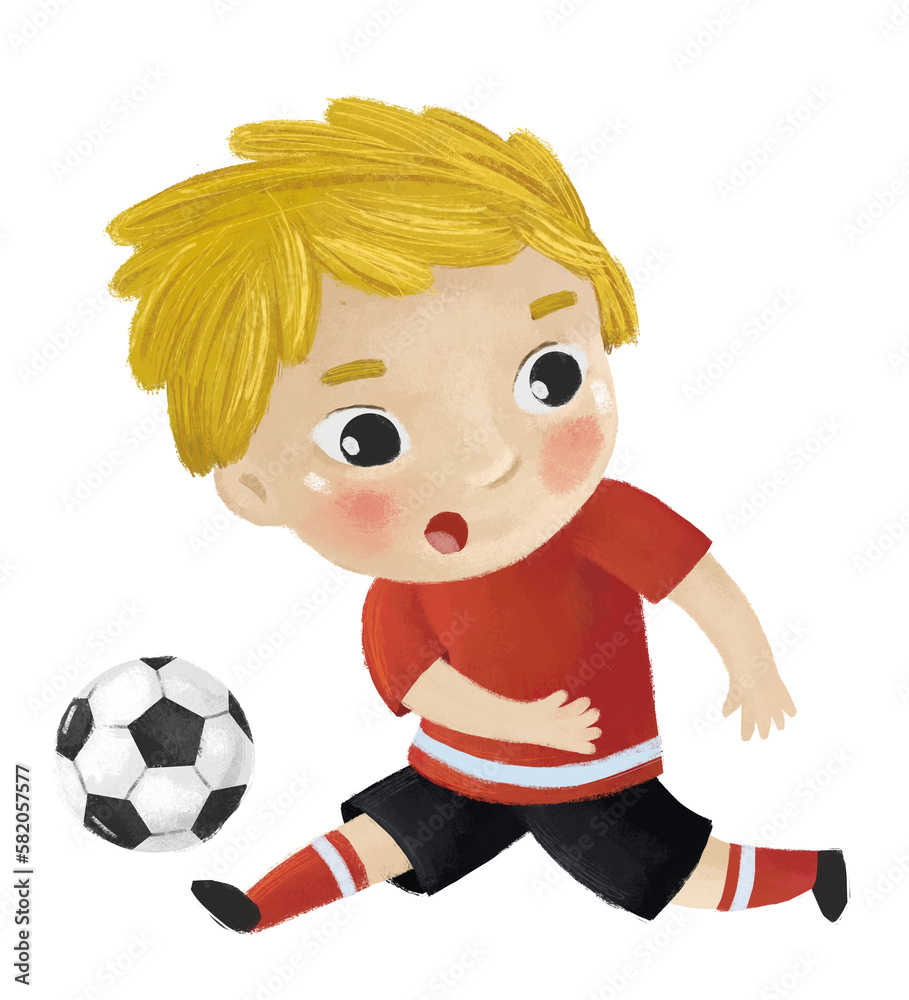 cartoon scene with kid playing running sport ball soccer football - illustration for children