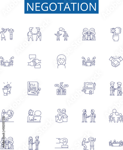 Negotation line icons signs set. Design collection of Negotiate, haggle, discuss, bargain, mediate, arbitrate, parley, contend outline concept vector illustrations