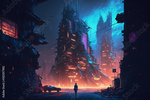 Cyberpunk futuristic cityscape with a neon skyline digital conceptual illustration night city street scene  steampunk  sci-fi  fantasy  illustration