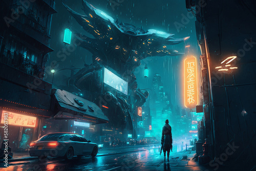 Cyberpunk futuristic cityscape with a neon skyline digital conceptual illustration night city street scene, steampunk, sci-fi, fantasy, illustration © ImaginaryInspiration
