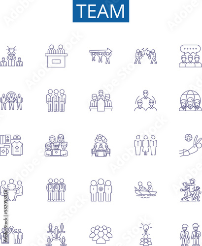 Team line icons signs set. Design collection of Squad, Crew, Group, Unit, Alliance, Faction, Club, Fraternity outline concept vector illustrations