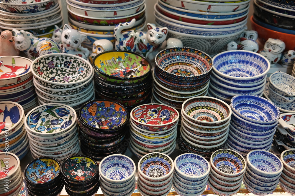 ceramic products on the counter of a souvenir shop in the market in Istanbul ceramic products on the counter of a souvenir shop in the market in Istanbul