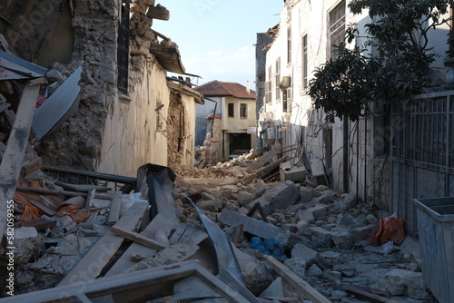 Kahramanmaras earthquake, Hatay, collapsed house and street, general view Hatay center. photo